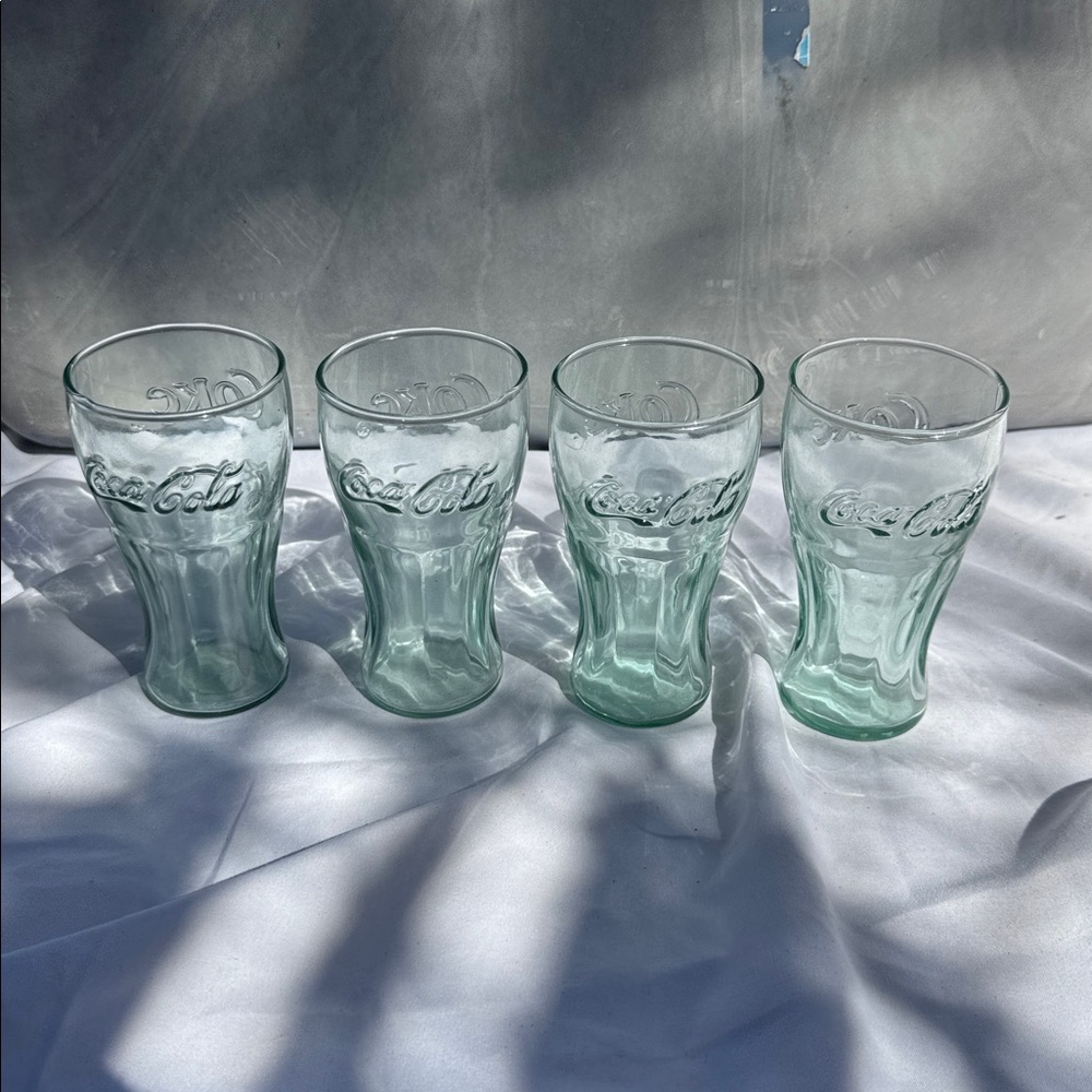 Vintage Coca Cola Embossed Aqua Miniature Glass Set of 4 - Picture 2 of 3